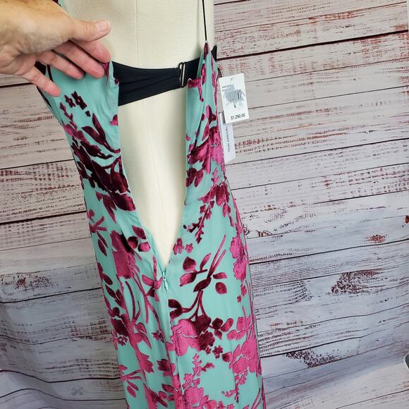 Yigal Azrouel Y2K Silk Blend Slip Dress 6 Elegant Teal w/ Plum Velvet Floral NWT - Picture 7 of 16